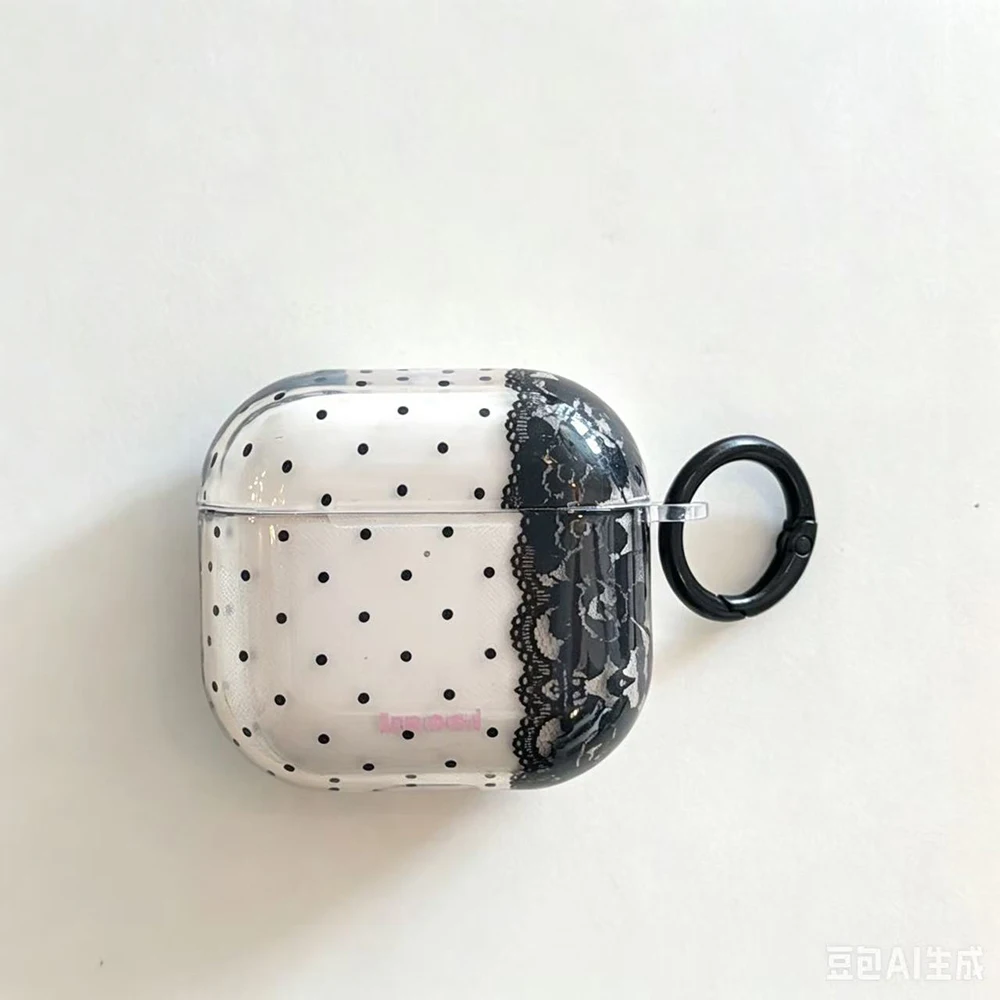 Image of Polka Dot Ohrhörer-Etui mit schwarzer Spitzenverzierung, IMD transparente Schutzhülle für AirPods 1 2 3 4 Pro Pro2 Pro3, kabellose Schutzhülle