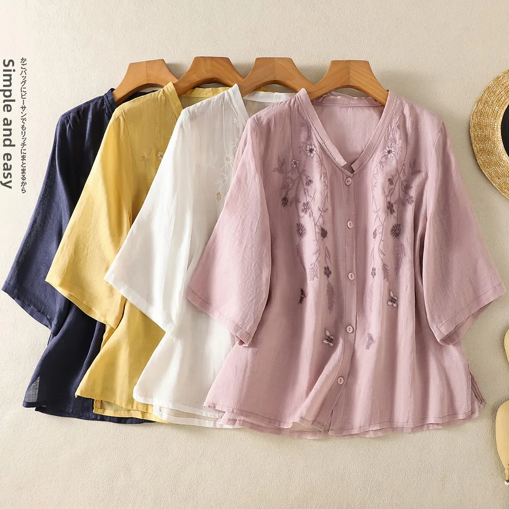 

Summer Loose Fit Cotton Linen Blend Short Sleeve Embroidered Shirt Women's V Neck mid Sleeve Thin Style Versatile Basic Top