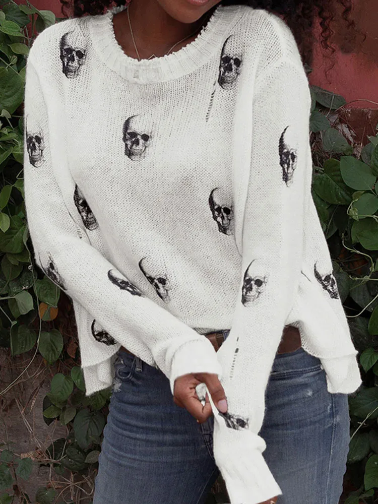 Halloween Skull Print Loose Knitted Sweater for Women Fashion Round Neck Knitting Top Pullovers Autumn Long Sleeve Casual Jumper