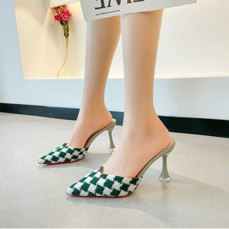 Women's Spring Summer Closed Toe Stiletto Heel Mules Woven Style Elegant Fashionable Versatile Outdoor Wearable view 2