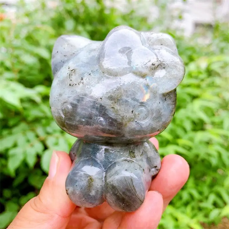 

8CM Natural Labradorite Cartoon KT Cat Animal Carving ​Reiki Gypsum Healing Crystal Ore Ornaments Figurine Home Decor Gift 1pcs