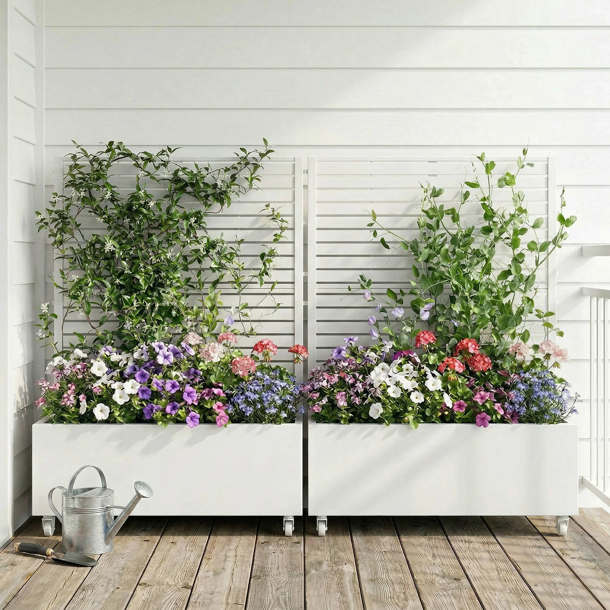 4 ft. H x 4 ft. W Metal Planter Box privacy screen Garden Bed with Trellis and Wheels - White