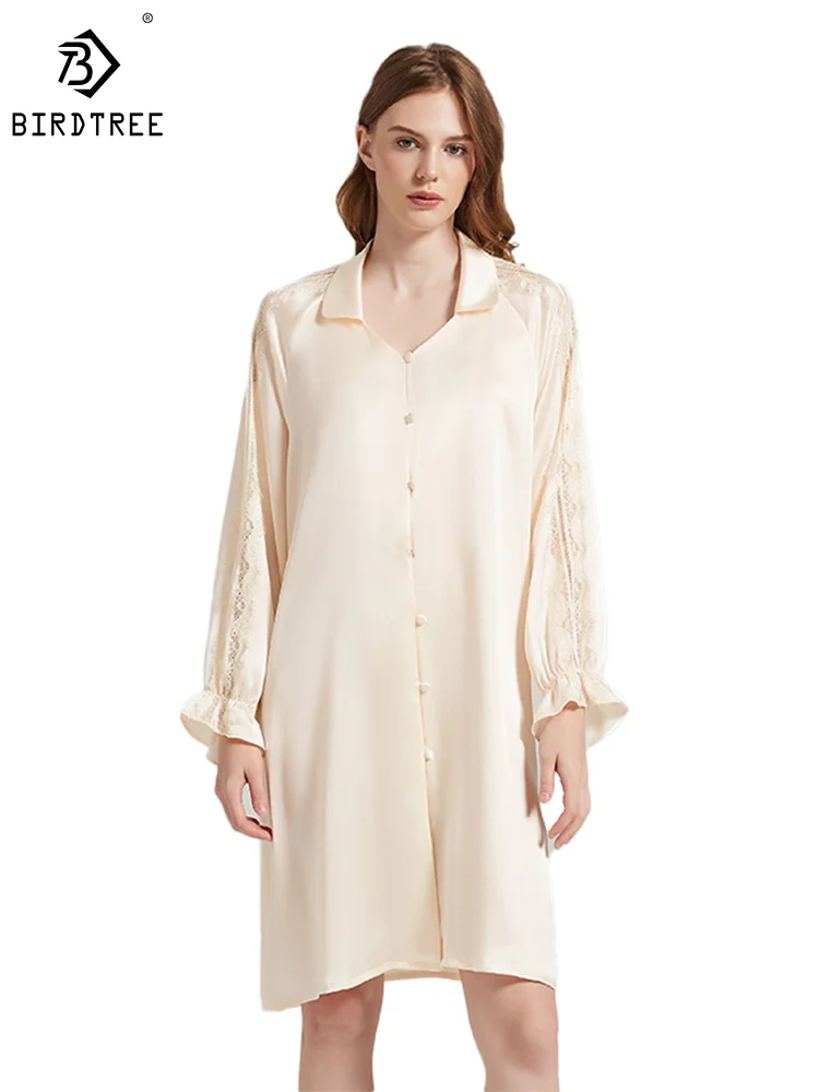 

Birdtree 6A 19MM 100%Mulberry Silk Nightdress Long Sleeve Lapel Lace Elegant Comfortable Skincare Breathable Nightgown P3N301QM