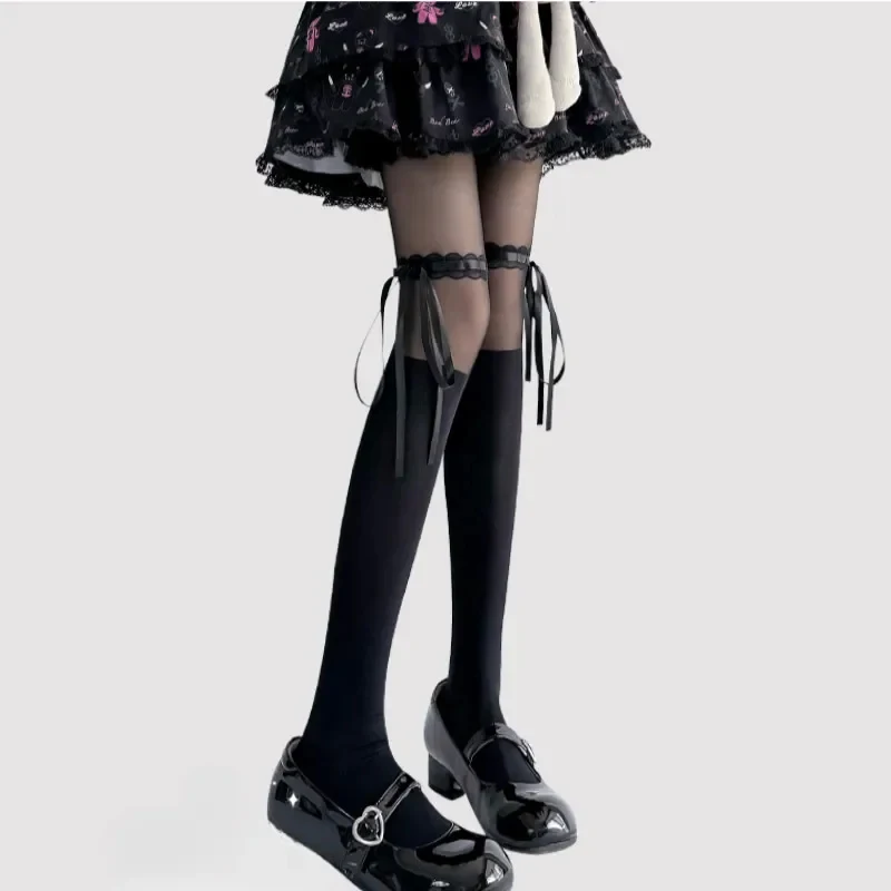 Lolita Cos Sweet Tights Women's Cute Silk Stockings with Bowknot Strapped Lace Splicing Anti-hook Silk Slimming Sheer Pantyhose