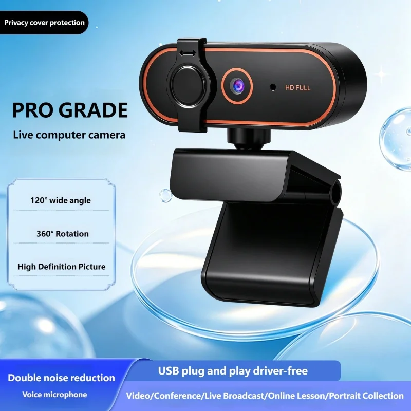 360° Rotatable HD Webcam with Privacy Cover USB Plug and Play Dual Noise Canceling Mic Computer Camera for Live Streaming