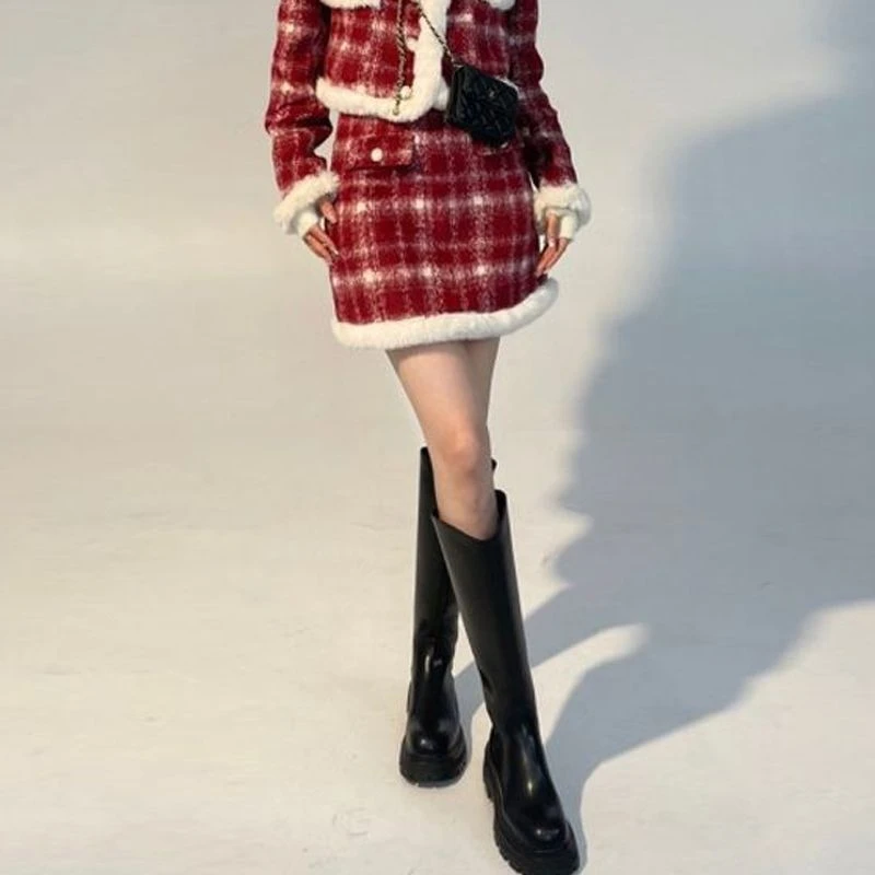 Women Y2k Cropped Blazer Skirts 2pcs Set Winter Thicken Long Sleeve Jackets with Mini Plaid Skirt Suits Harajuku Gothic Outfits