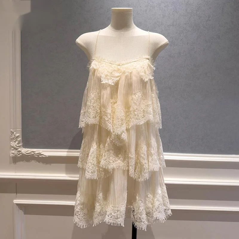

Summer White Embroidered Multi-layer Irregular Suspender Dress Women Loose Mini Dresses New 3AD5VA