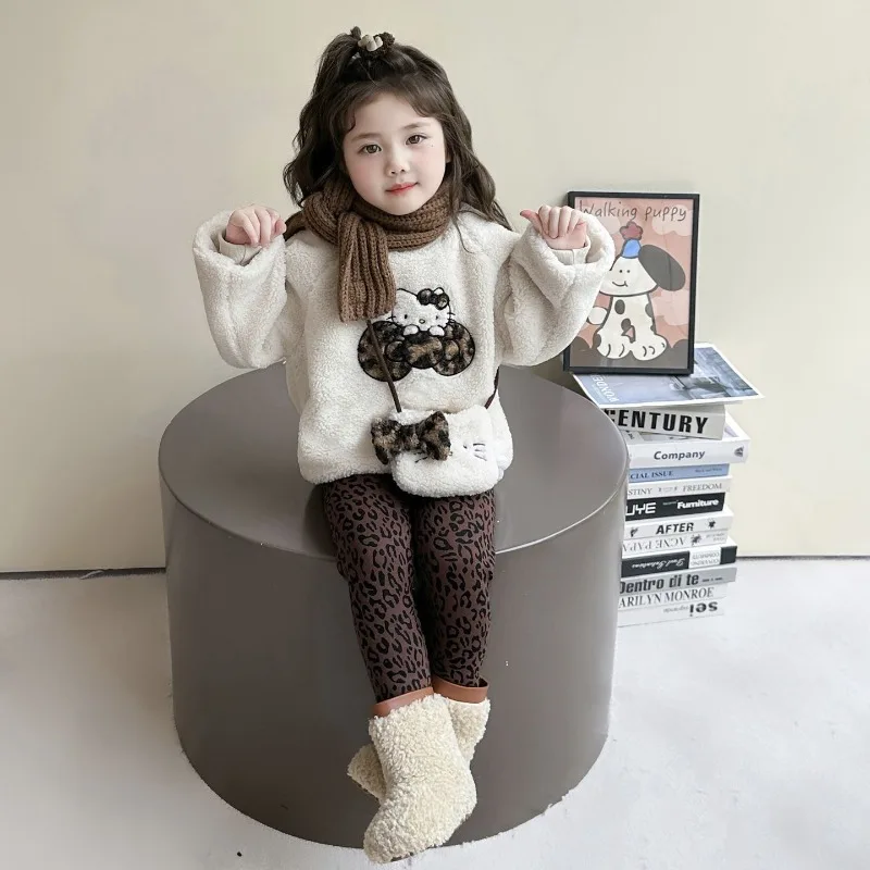

Kawaii Hello Kitty Sanrio Children Cute Cartoon Comfortable Warm Hoodie Plush Sportswear Trousers Blouse Birthday Gift for Kids