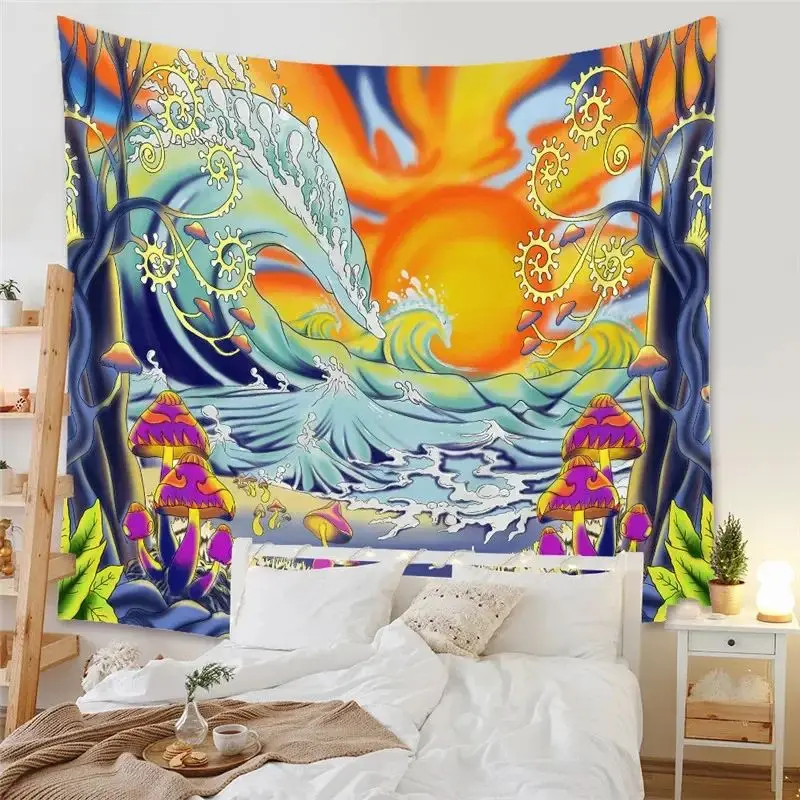 VIKAMA Boho Wall Tapestry, Psychedelic Sun Moon Mandala Flower, Interior Art Decoration