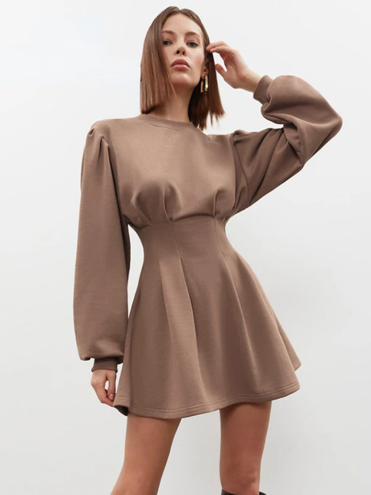 

2024 New Spring Women's Fashion Waist Closing Long Sleeved Dress A-line Lantern Sleeves Elegant Slender Short Knitted Dress