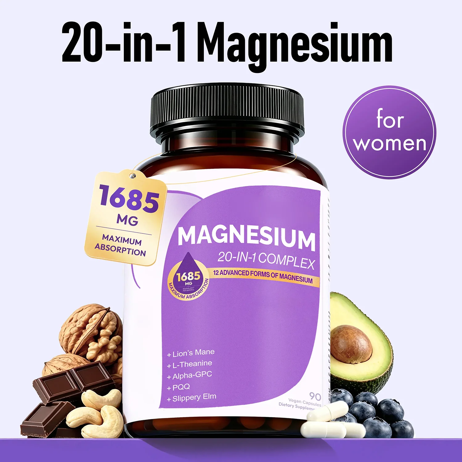 Magnesium Complex 1650mg 20-in-1 Magnesium Supplement for Women | Magnesium Relaxation, Muscle, Heart Support, Vegan 90 Capsules