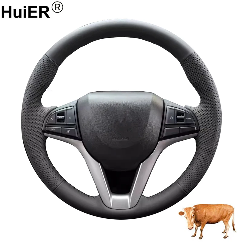 

Cow True Leather Hand Sewing Car Steering Wheel Cover For Suzuki Ignis 2016-2022 2023 2024 Cowhide Protector Wrap Protector