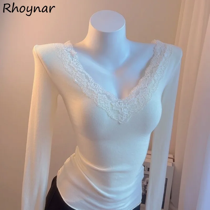 Белые кружевные футболки, Женские базовые деликатные пикантные дамские облегающие нежные зимние топы во французском стиле с длинным рукавом