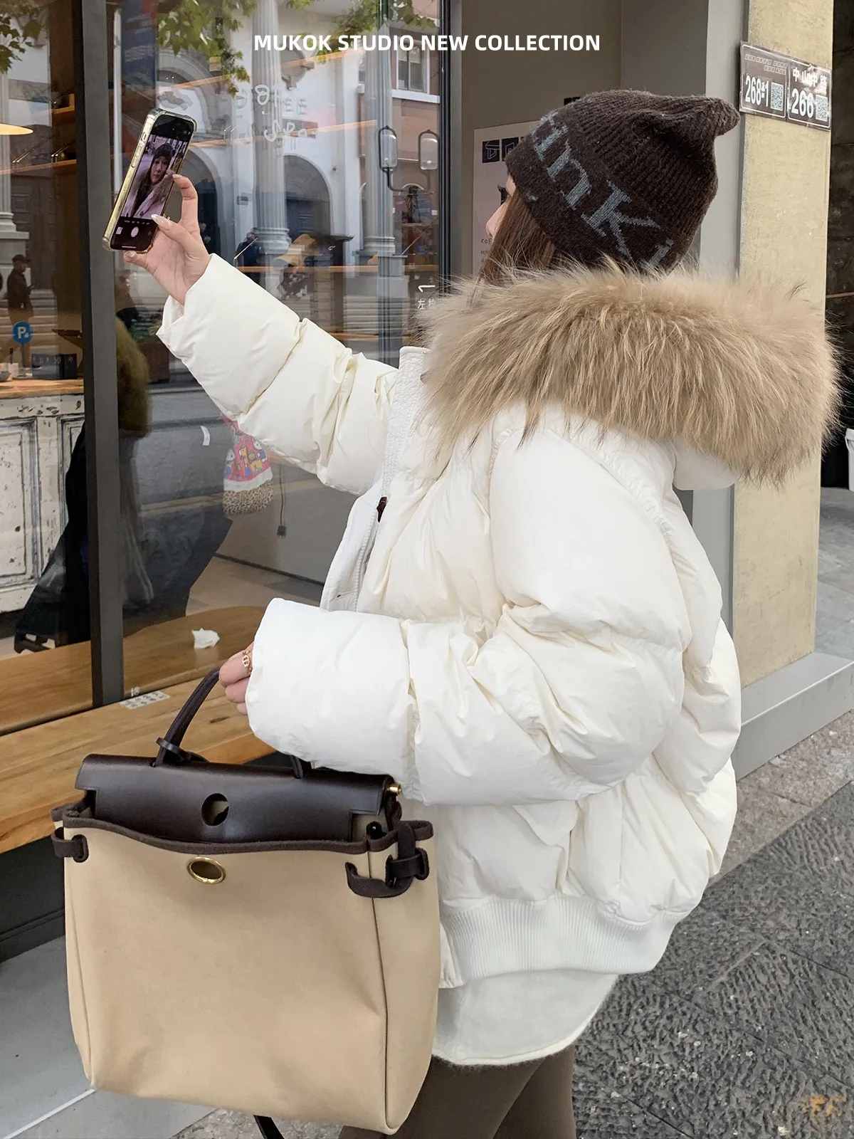 

MUKOK 90 Белый пуховик с отстегивающимся воротником из меха белки, с капюшоном, теплая верхняя одежда, женское модное зимнее пальто