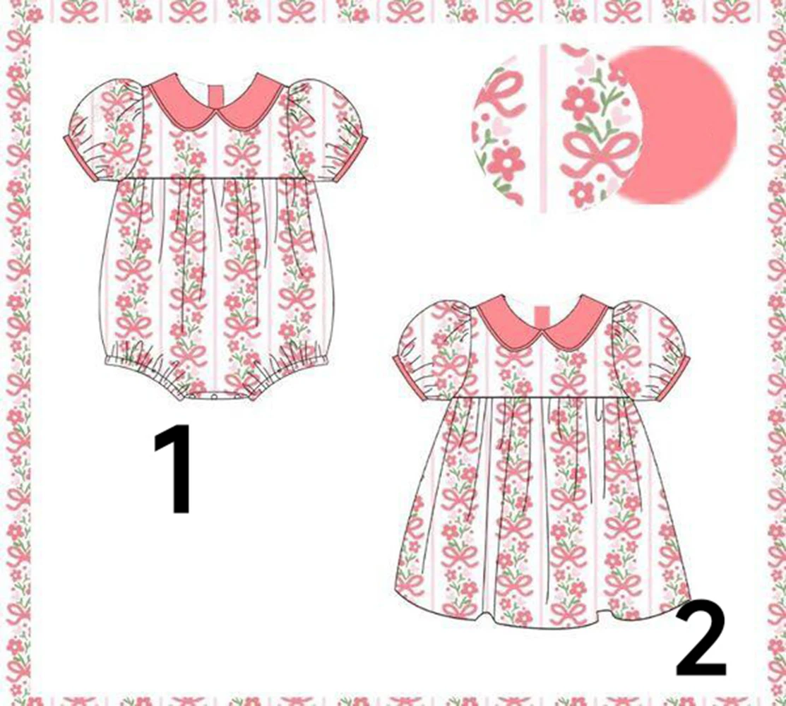 

Wholesale children's clothing short-sleeved dress pink bow print flower elements boutique baby girl milk silk clothes