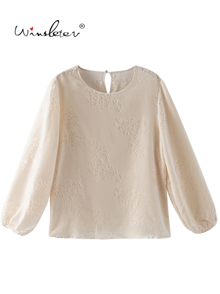 Winsleter-Silk Velvet Elegant Shirt, O Neck Long Sleeve Floral, Women Retro OL Commute Loose Blouse, 2026 Autumn New T6O768CC