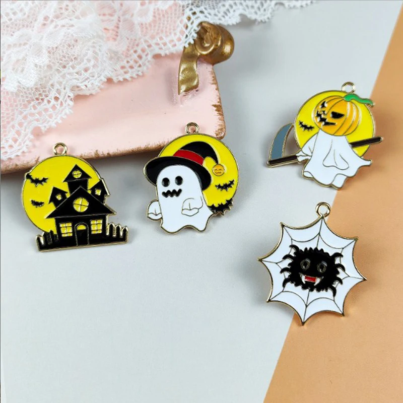 JINGLANG Halloween Metal Charms Enamel Haunted House Spider Jewlery Findings For Earring Necklace Diy Making Findings 10pcs