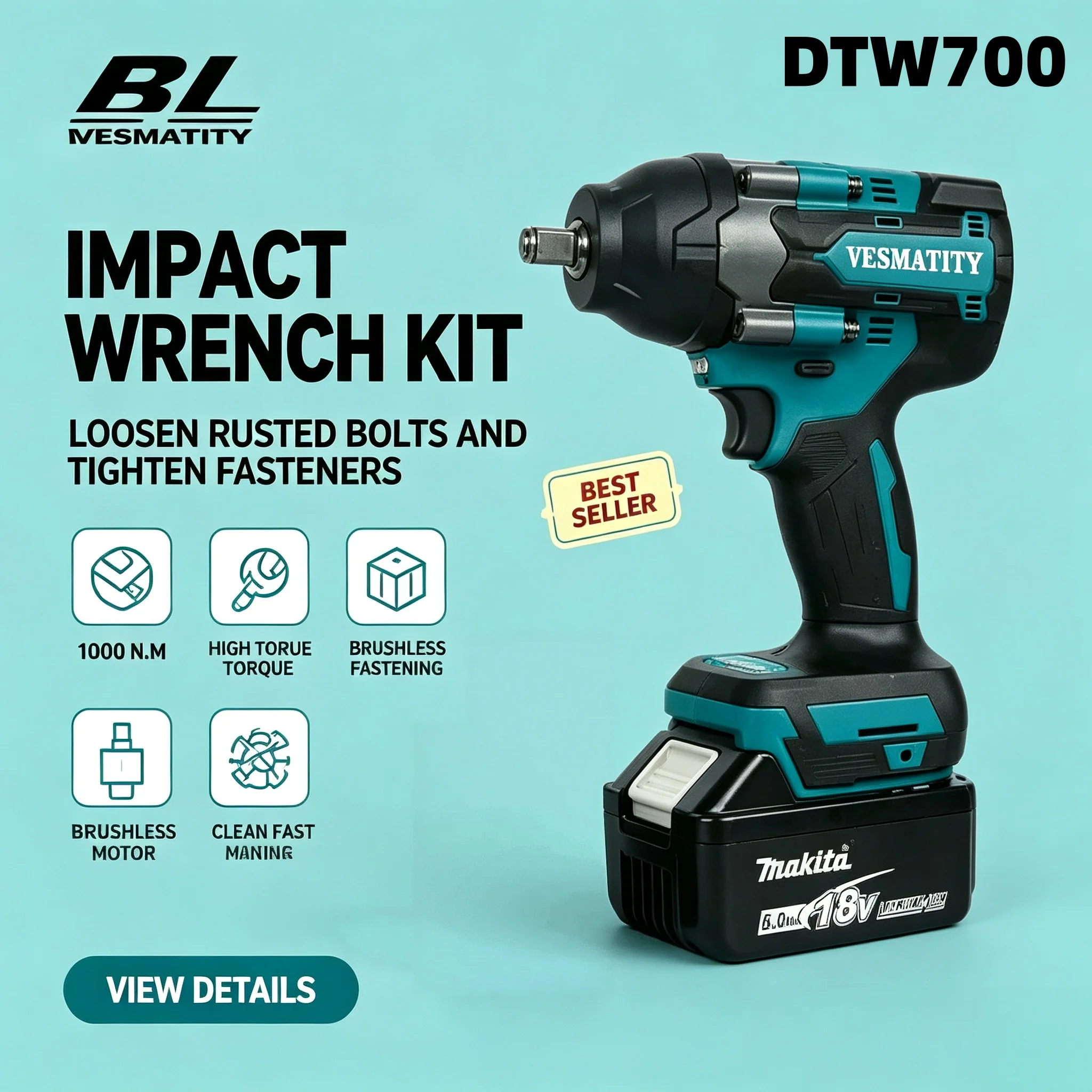 Impact Wrench VESMATITY DTW700 Cordless 700N.m 1000N.m Nut Busting 1/2 Inch Drive 4 Speeds Brushless for 18V-20V Batter