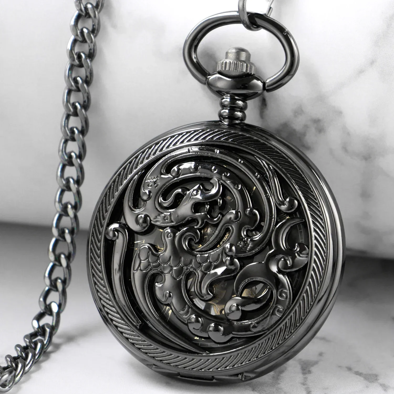 

NEW Vintage Mechanical Pocket Watch Mens Hand-winding Skeleton Dragon Chain Retro Timepiece Roman Numerals Display Clock