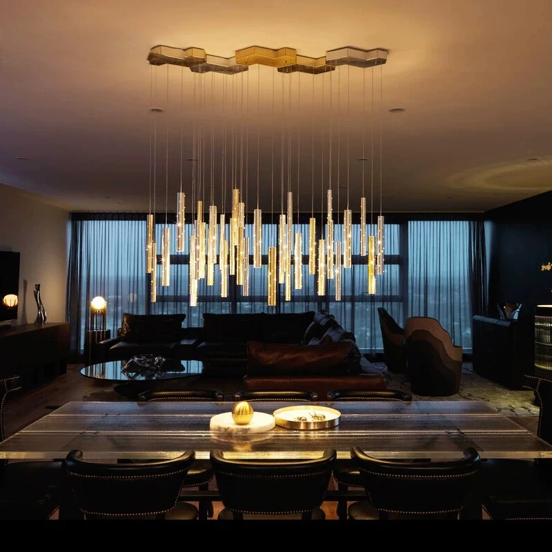 

Dimmable LED modern Gold Silver Long tube Chandelier Lighting Lustre Suspension Luminaire Lampen For Living Room Dining room