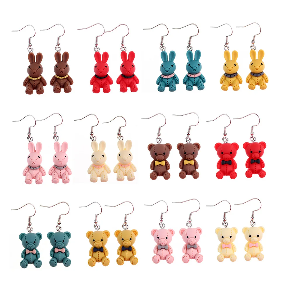 Ovxxons 1 Pair Fun Cute Cartoon Animal Stitched Rabbit Bear Earrings Creative Childlike Fun Girl Heart Ear Hook Ear Accessories