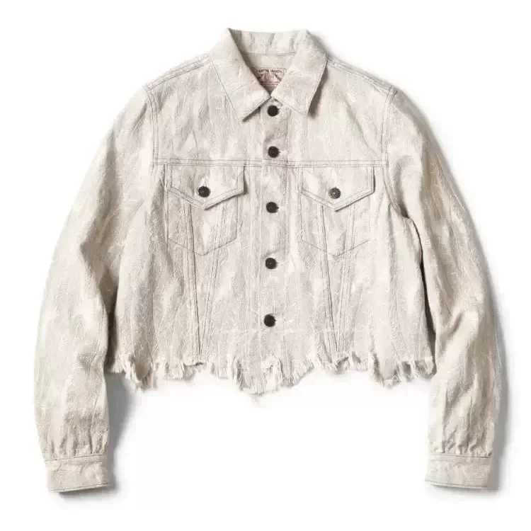 24AW KAPITAL Hirata Japanese Retro Casual Feather Embroidered White Denim Loose Long Sleeved Short Shirt for Men