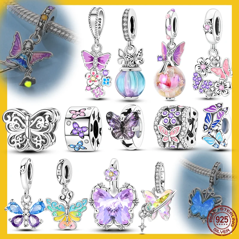 

Original 925 Sterling Silver Charms Beads Colorful Butterfly Pendants For Women Girls Bracelet Necklace Making Gifts