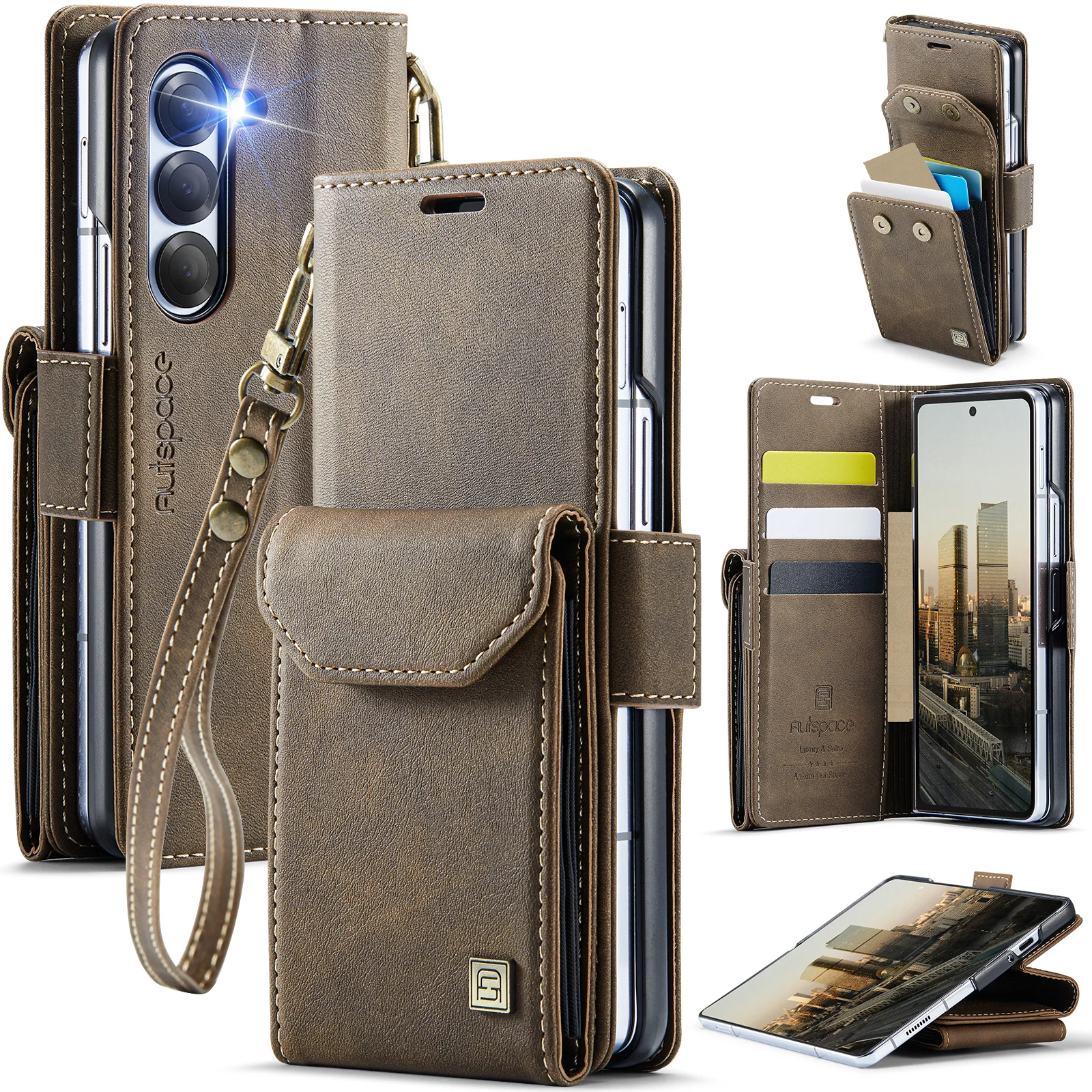 

RFID бизнес-магнитный кожаный чехол-кошелек для карт Solt для Samsung Galaxy Z Fold 7, 5, 6, 5G, противоударный ремешок с подставкой, тонкий чехол