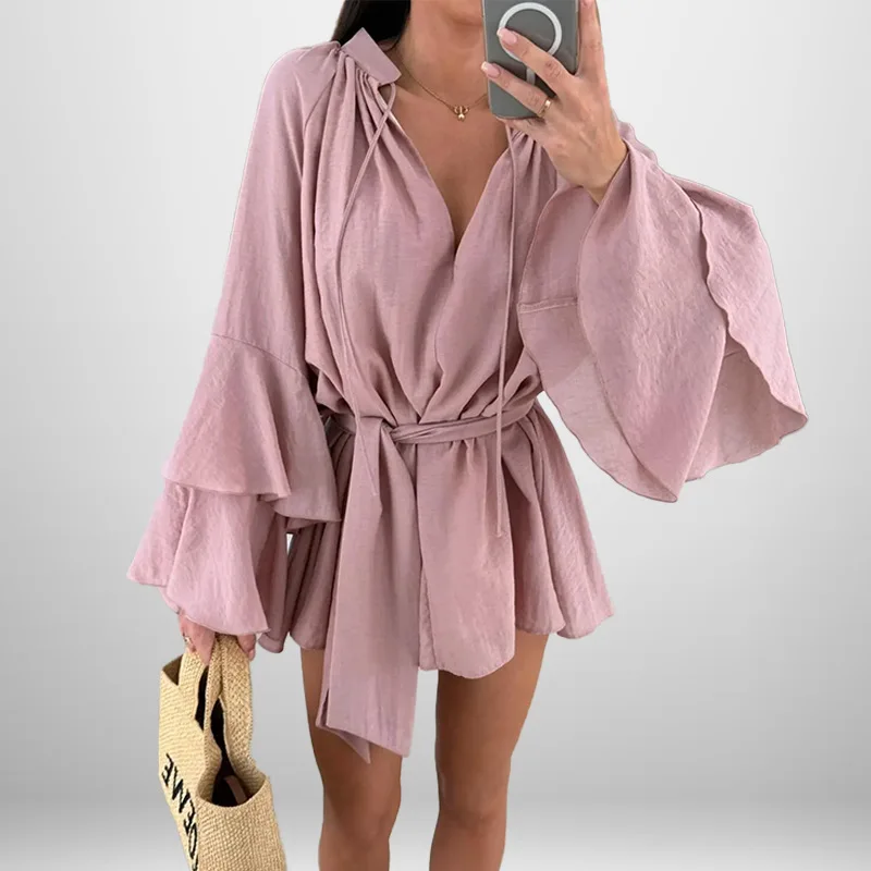 

Women's Elegant Spring and Summer V-neck Tie Lotus Leaf Sleeve Irregular Dress Simple Solid Color Comfortable Casual Dresses