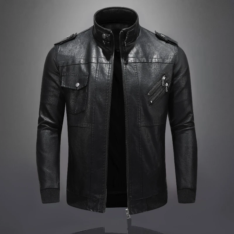 

New casual men's leather jacket, motorcycle PU jacket, solid color long sleeved stand up collar zipper fashion trend jacket