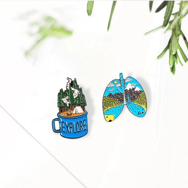 Cup Pines Lapel Pins Shirt Bag Adventure Cam Pinsg Badge Jewelry Gift Friends EXPLORE Forest Lung Enamel Brooch Custom Organ Mug