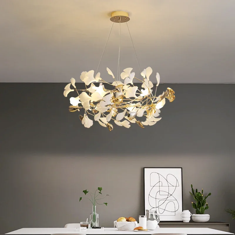 Imagem -04 - Ginkgo Branch Leaf Led Hanging Chandelier Iluminação Interior Cobre Arte Suspensão Lustres Luxo Interior Jantar Sala de Estudo Cobre