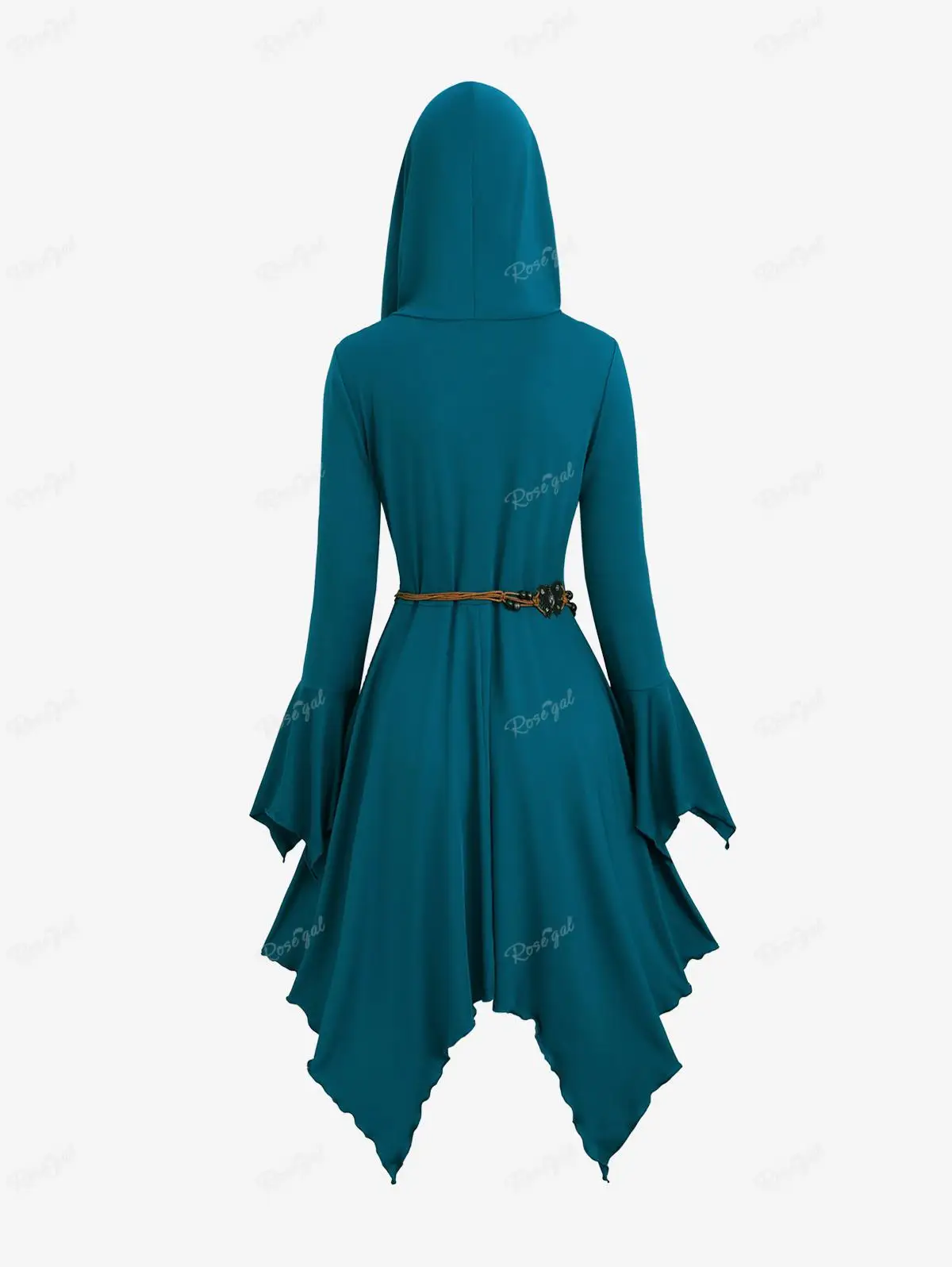 ROSEGAL Plus Size New Hoodie Dresses Blue Lace Up Handkerchief Bell Sleeve Dress With Belt Women Fall Casual Knee-Length Vestido