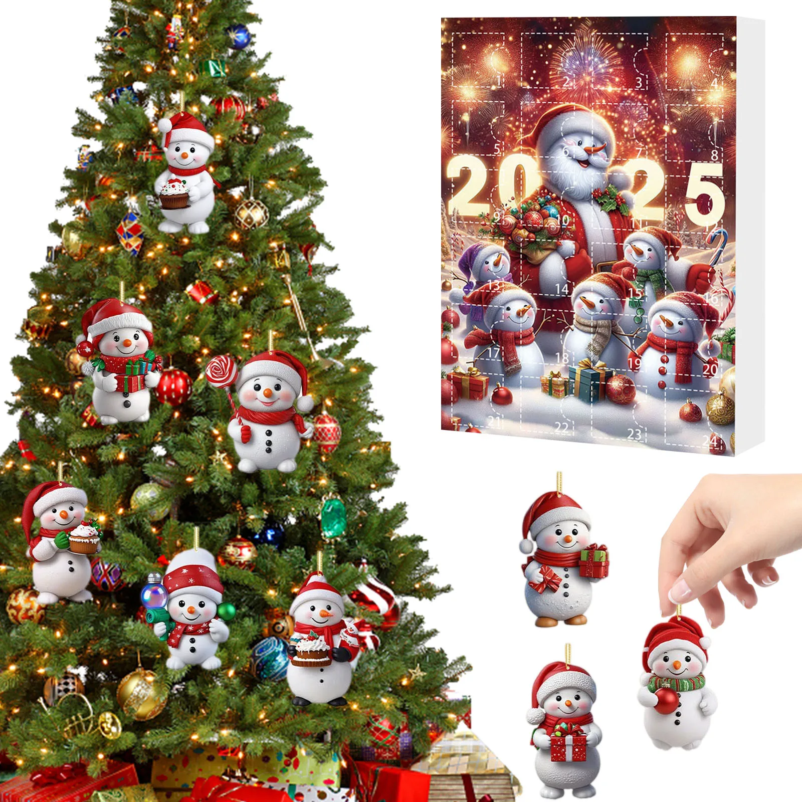 

Christmas Advent Calendar with Santa Hats Hanging Snowman Ornaments Mini Xmas Tree Snowman Pendant for Kids Toddlers Xmas Gifts