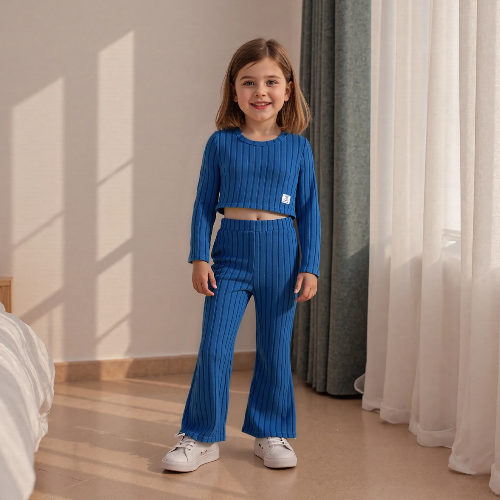 توين فتاة الخريف متماسكة ملابس الصلبة مضلع كم طويل جولة الرقبة قمم مرونة الخصر مضيئة السراويل 2 قطعة مجموعة #2