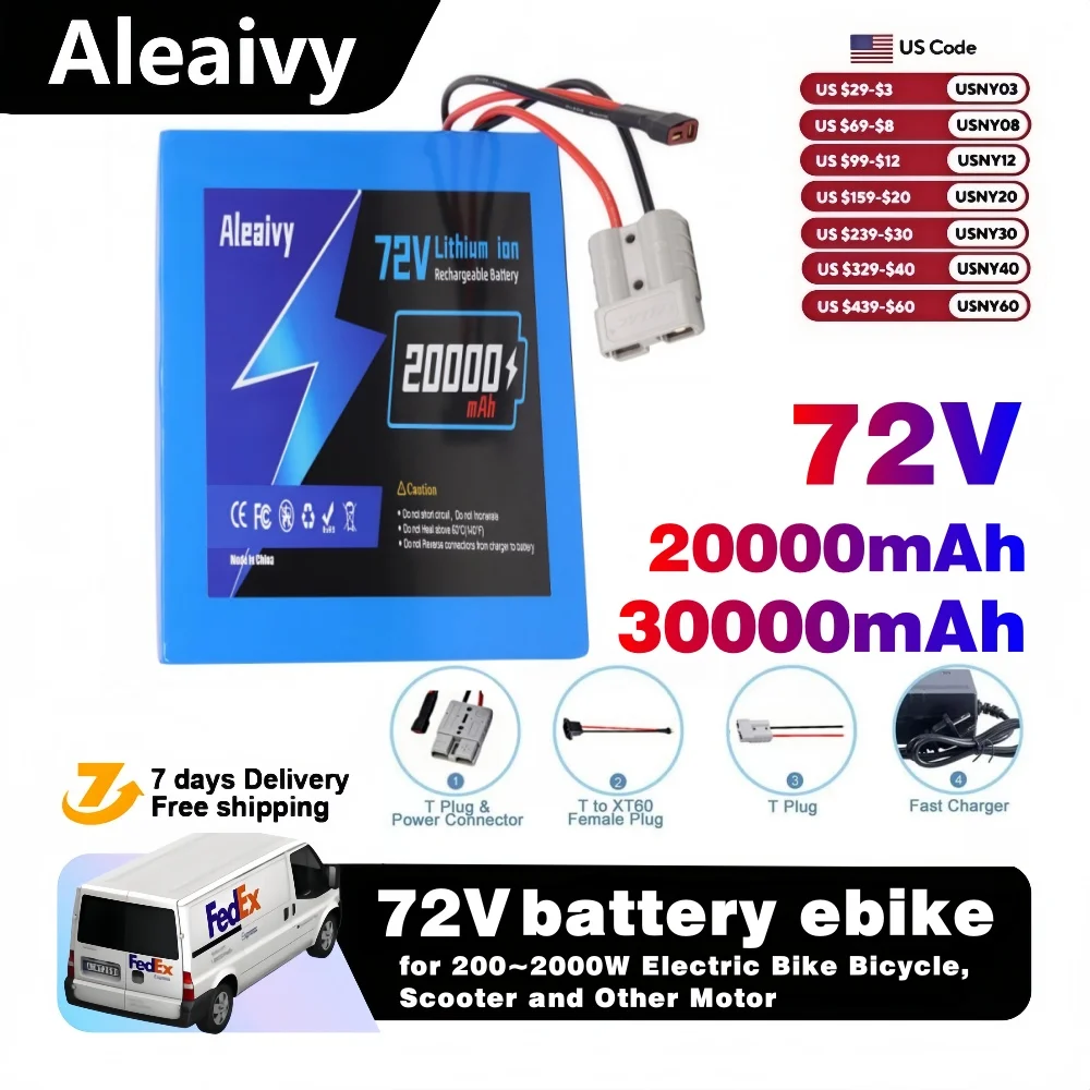 

Ship from US 72V 20Ah 30Ah Electric Bike Li ion Battery Pack for 500W~3000W High Power Bicycle Scooter Motorcycle with Charger