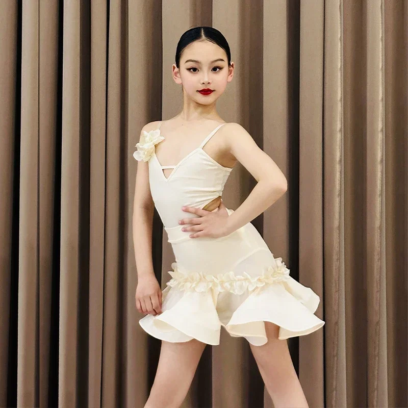 3Color Cha Cha Rumba Latin Dance Costume Girls Dance Dress Tango Dance Dresses Girl Performance Suit Kids Latin Practice Clothes