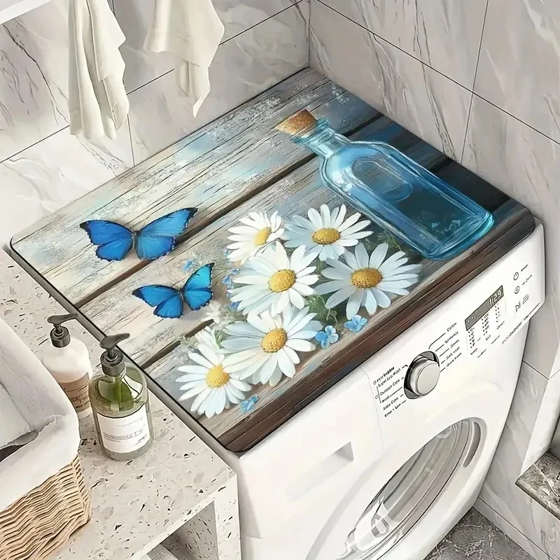 Blue Butterfly & Daisy Drain Mat Absorbent Non-Slip Washing Machine Dust Cover Pad, Dish Drying Mat For Kitchen, Laundry Room