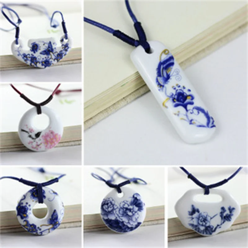 Handmade Vintage Ceramic Necklace Ethnic Style Chinese Jingdezhen Pendant Unique Women\'s Accessory  Collar Collares Jewelry