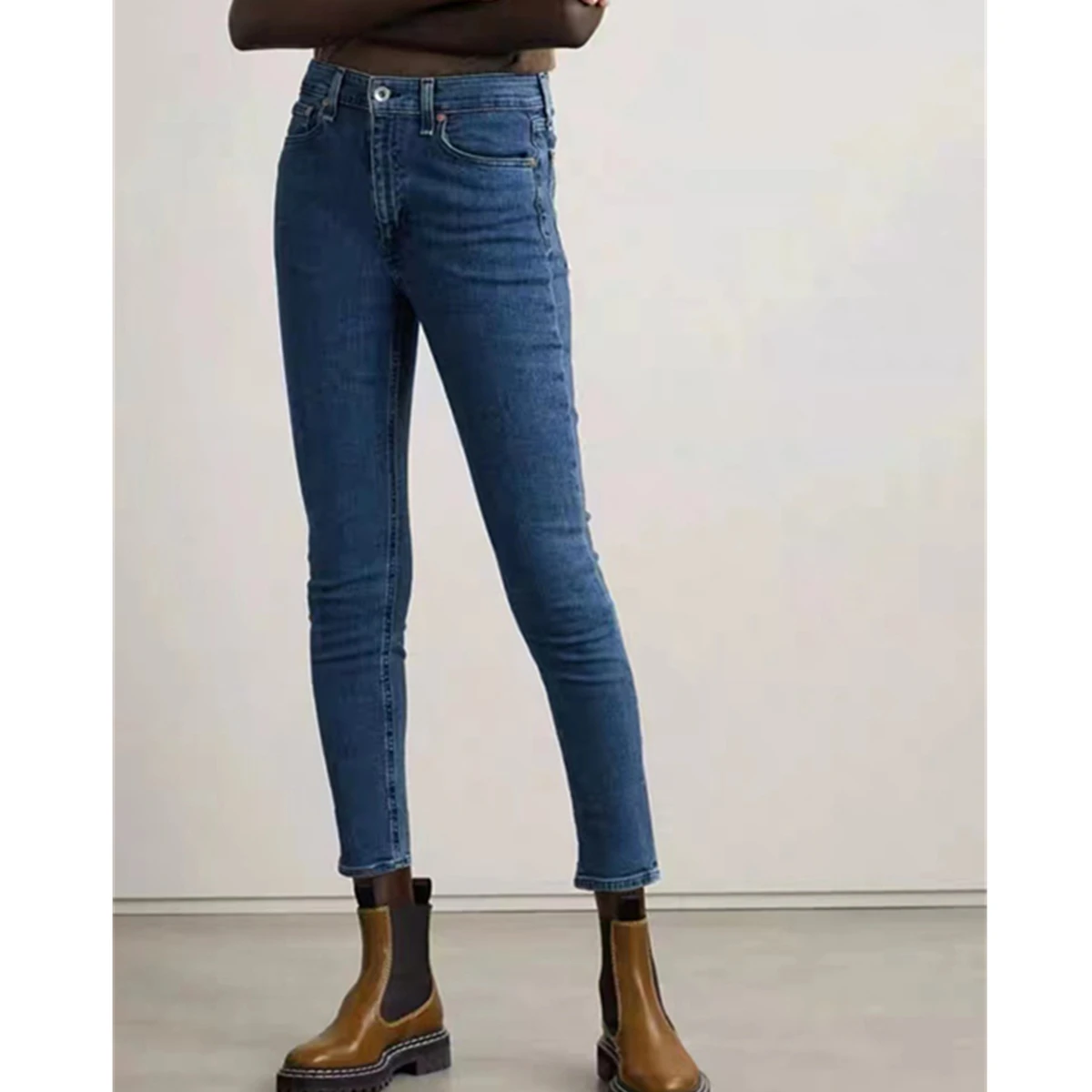Maxdutti Minimalist High Waisted Tight Fitting Solid Color Washed Denim Pants For Women Pencil Jeans Woman Clothes Cropped Jeans