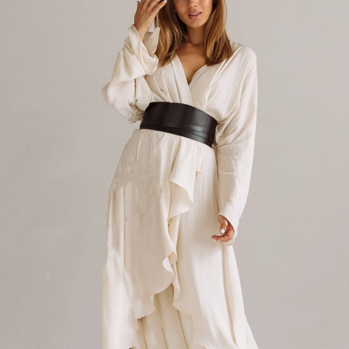 قميص نسائي واسع من جلد البولي يوريثان بخصر نحيف وحزام فستان مع إكسسوارات