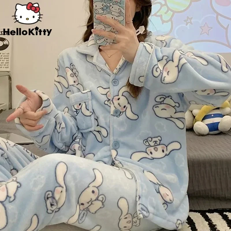 Sanrio Cinnamoroll Plush Two Piece Pajamas Melody Y2k Cartoon Cute Pajamas Loungewear Set Fleece Flannel Pullover Pajamas