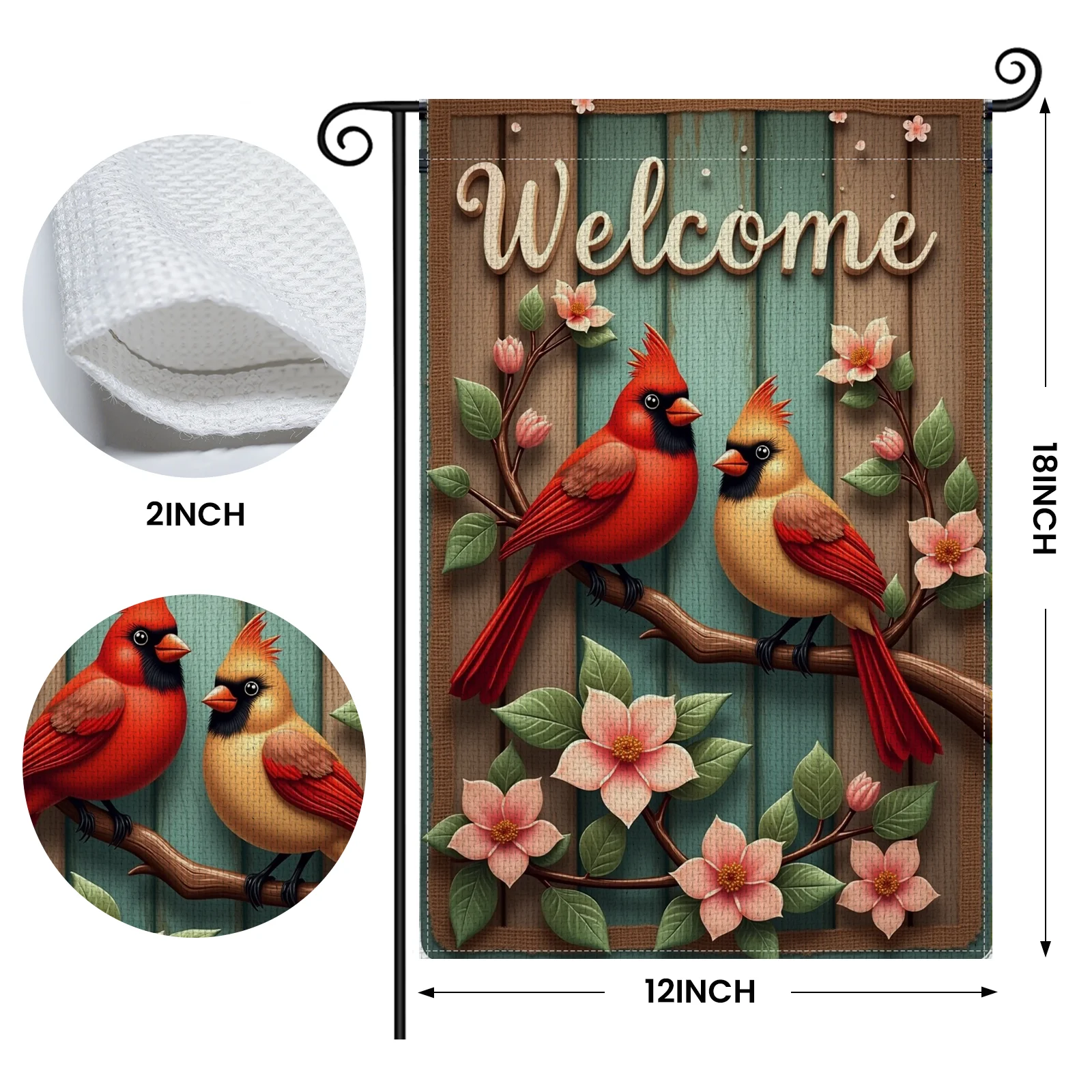 Welcome Garden Flag Cardinal Bird Pattern Outdoor Yard Flag Floral Design Burlap Trim Garden Banner for Front Yard Decor Garden