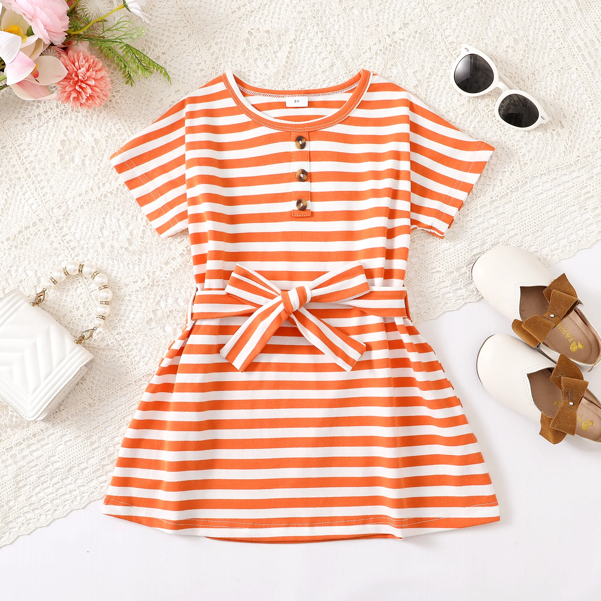 Baby Girl Dress Cute And Comfortable Casual Striped Belt Short-Sleeved Dress For Spring And Summer Baby Girl As Gift