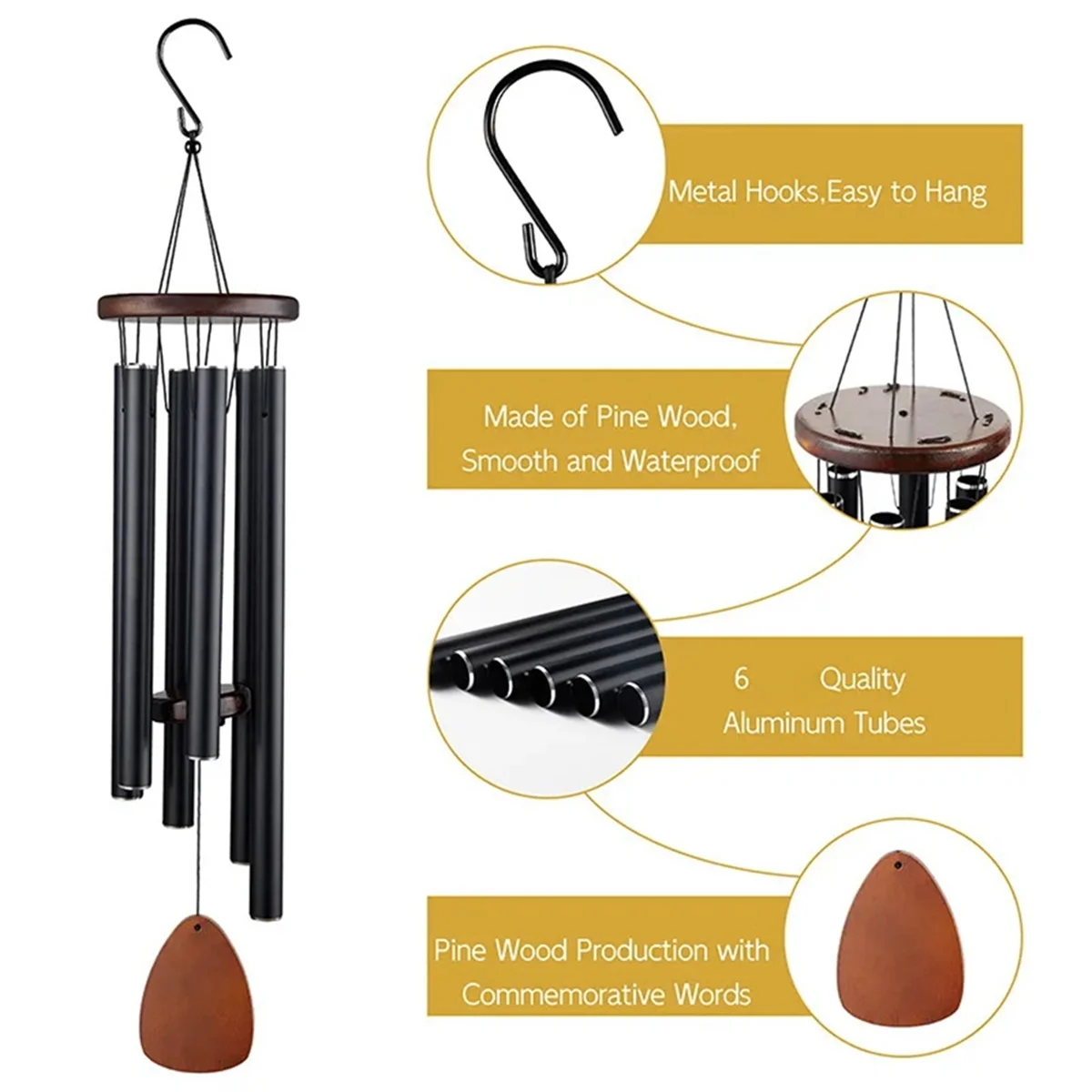 ABHU معدن Windchime الألومنيوم Windbell الرياح الدقات 6 قضبان الدقات ديكور المنزل الحرفية حديقة الفناء الفضة