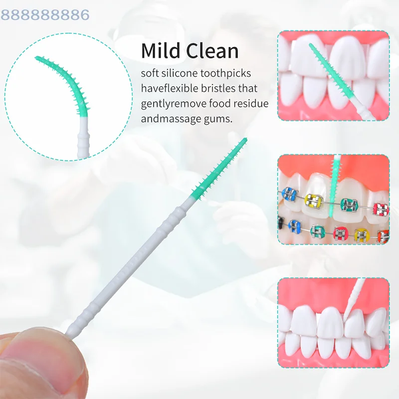 

Силиконовые зубочистки с удлиненной ручкой для глубокой чистки и массажа, одноразовые, для чистки зубов, 50 шт., набор двусторонних межзубных щеток
