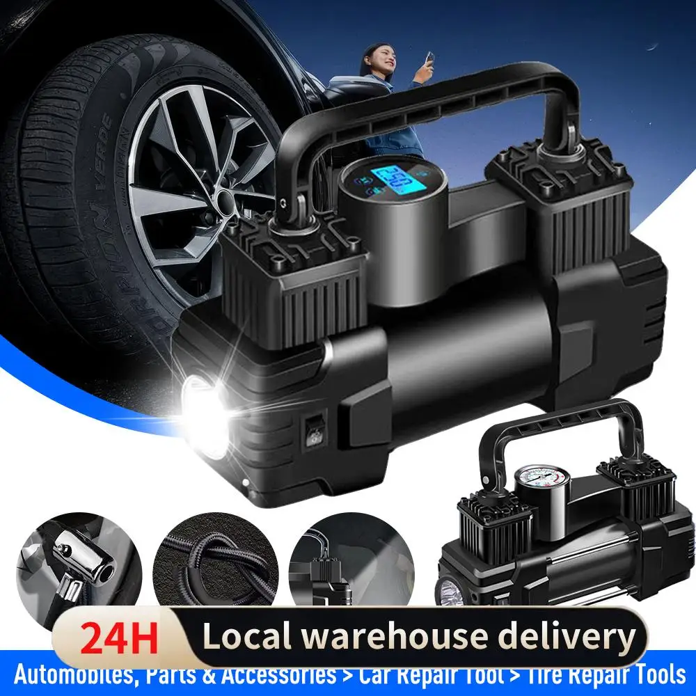 

Двухцилиндровый автомобильный электрический насос с манометром 12В 150PSI, светодиодной подсветкой, для тяжелых условий эксплуатации, для накачивания шин, 2026