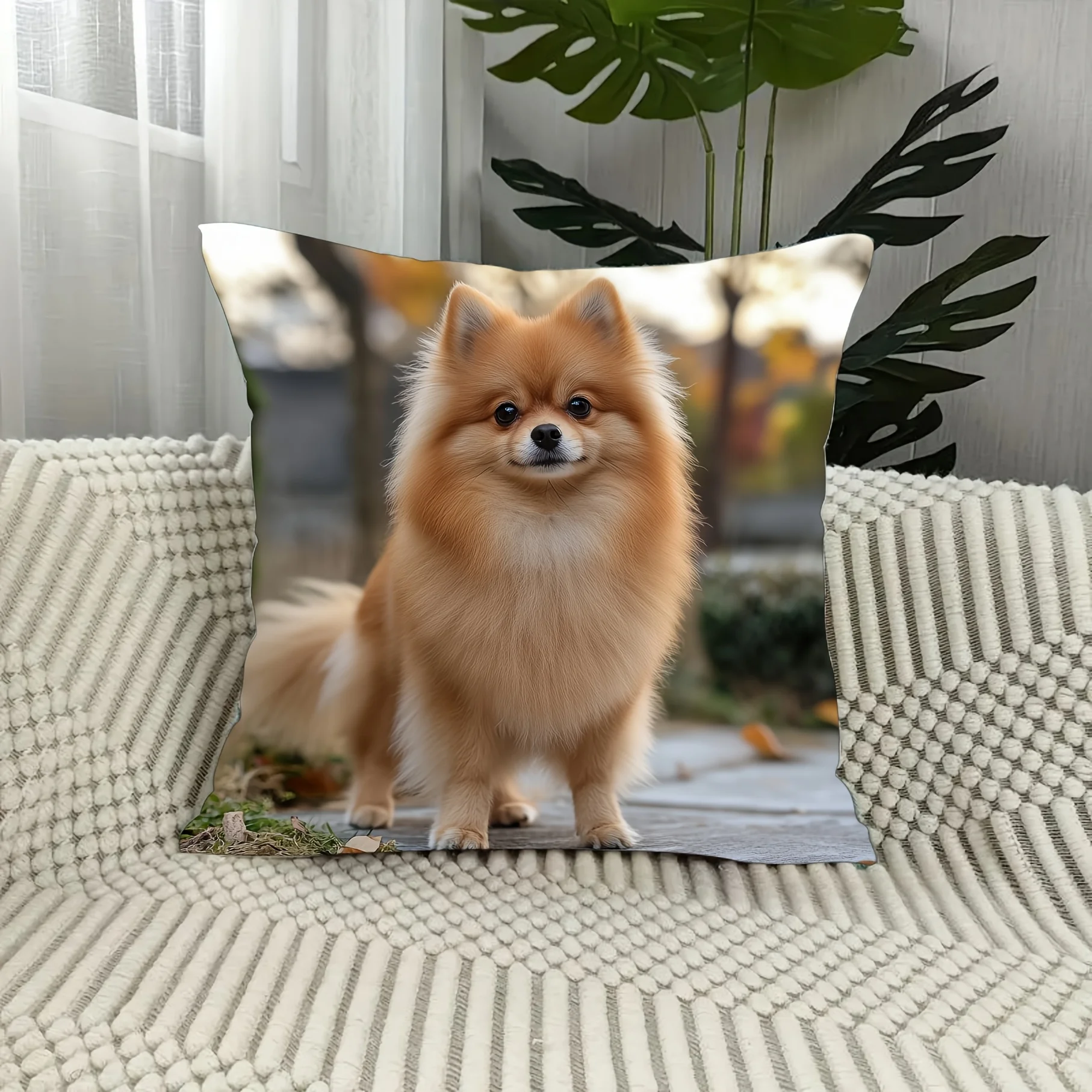 Cute Pomeranian Pillow Case, Fluffy Dog Photo Cushion Cover, Pet Lover Decor for Sofa Bedroom Living Room Gift