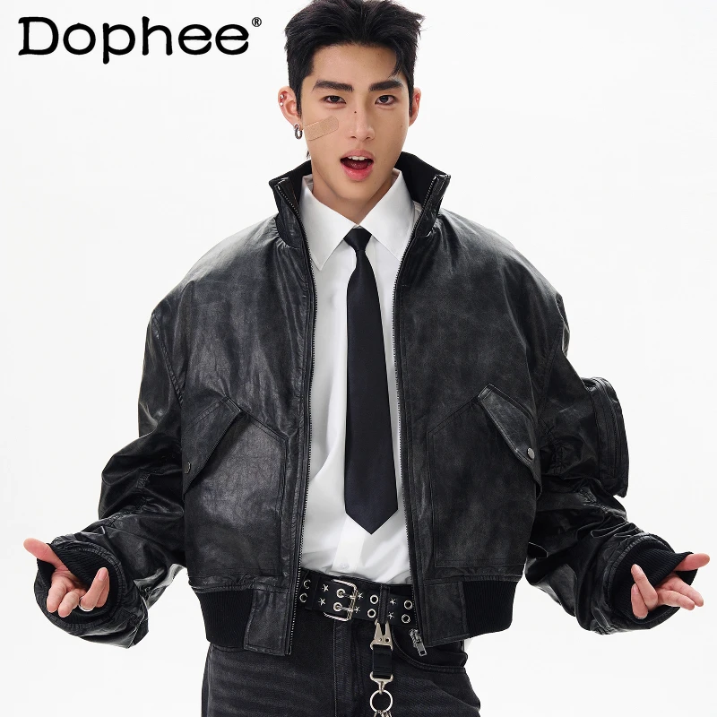 

Men Women 2025 Spring Autumn New Trendy PU Leather Short Jackets Retro Padded Jackets Handsome Long Sleeve Faux Leather Coats