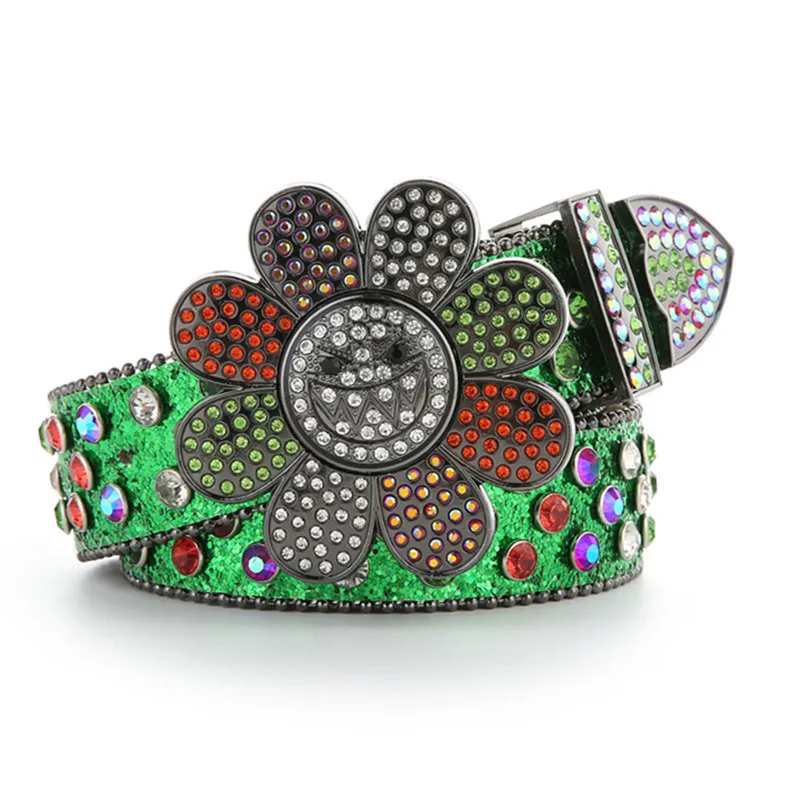 mens casual punk gothic diamond studded belts designer soft leather belt flower buckle rhinestone waistband women trendy strapon